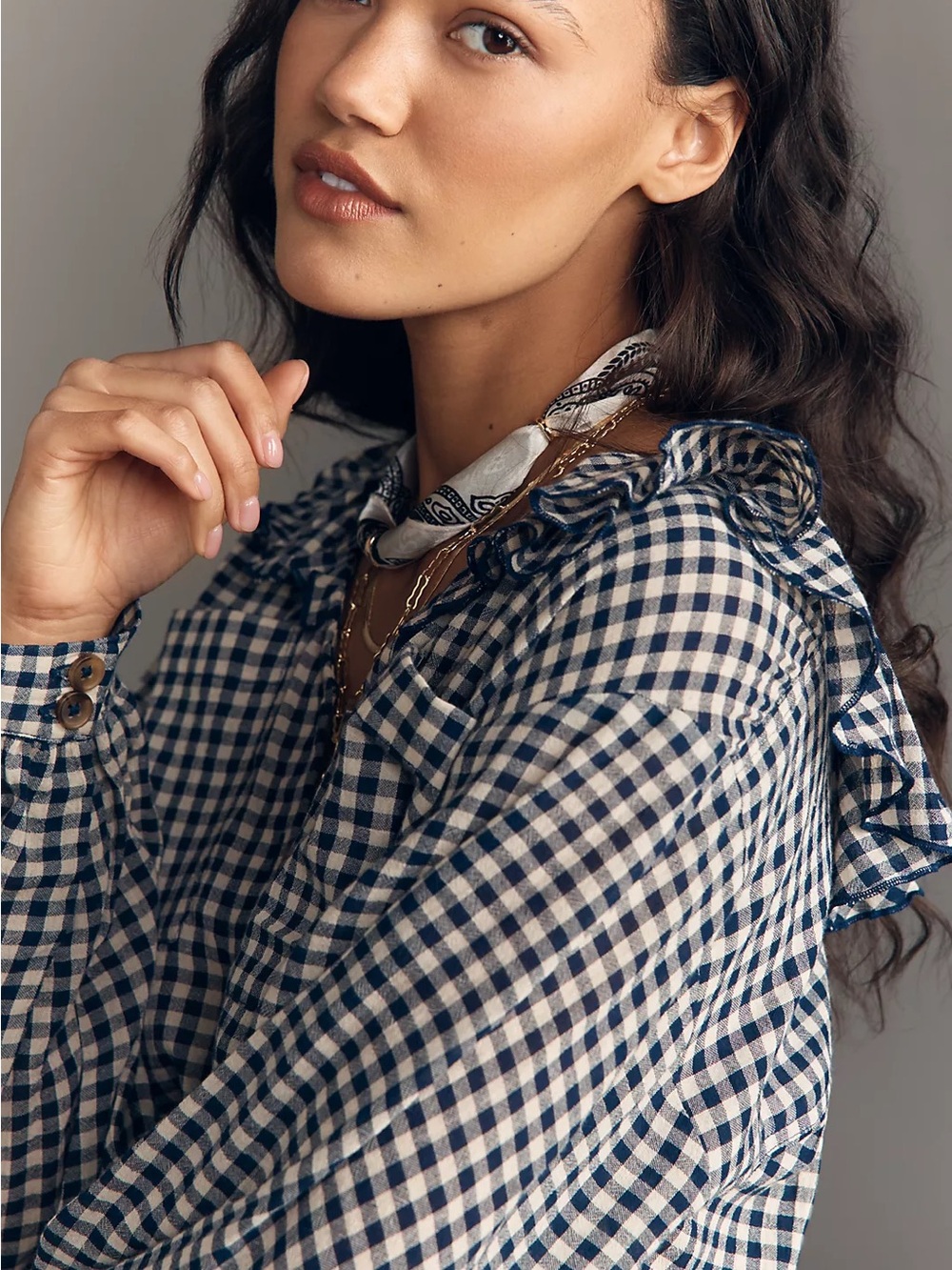 Pilcro Remy Gingham Ruffle Collar Button-Front Womens Top in Navy and Cream - Picture 4 of 6